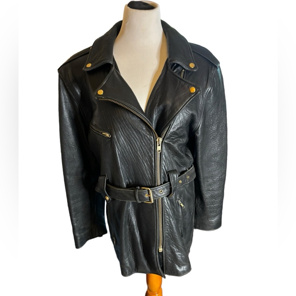Albert Duke Vintage Women’s Black Leather Aviator Moto Belted Jacket Size Medium
